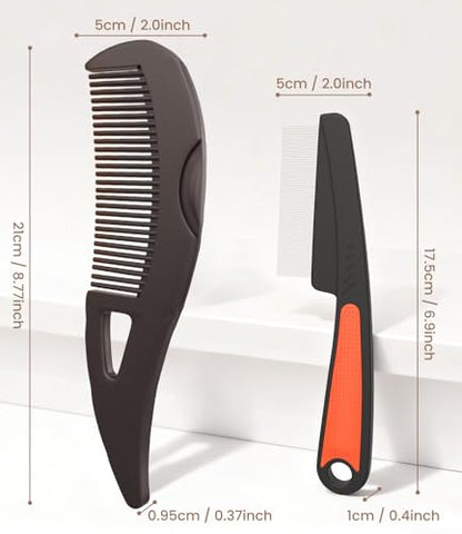 Dandruff Comb Removal 2PC Hollow Fine Tooth Scalp Detox Hair Care Tool | Build Up Flake Lice Comb, 0.5 & 2mm Stainless Steel Teeth, Self Cleaning, Button Release, Scalp Massage Handle, Women Men Kid - color: 2PC Brown+Red