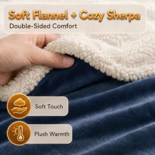 Heated Blanket Electric Throw Size 50''x60'' with 5 Heating Levels, 3 Hour Auto Shut Off, Machine Washable, Flannel & Sherpa Double-Sided Soft Warming Blanket for Couch, Bed, Office - Navy Blue - color: 05-navy Blue, size: 50''x60''(Throw)