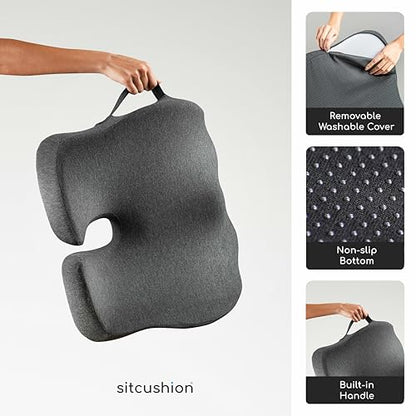 Pressure Relief Seat Cushion for Tailbone Pain, Sciatica & Coccyx Pillow | Extra Large Office Chair Cushion for Healthy Sitting Posture, Sciatica Pain Relief Pillow With Extra Cover (Black) - color: Black & Dark Gray