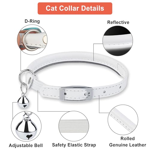 OOPSDOGGY Rolled Leather Cat Collar with Bell, Reflective Kitten Collars with Buckle Include Safety Elastic Strap - Adjustable Small Pet Collars for Boy Girl Cats (White) - color: White
