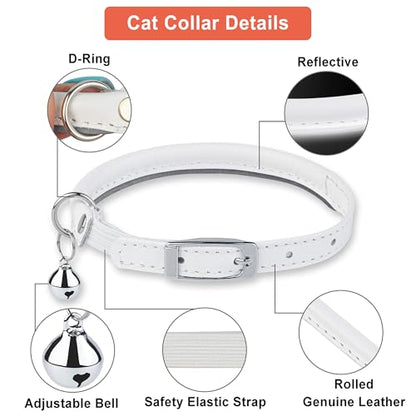 OOPSDOGGY Rolled Leather Cat Collar with Bell, Reflective Kitten Collars with Buckle Include Safety Elastic Strap - Adjustable Small Pet Collars for Boy Girl Cats (White) - color: White