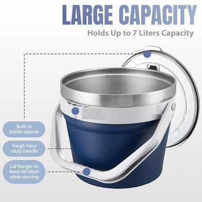 COKTIK 7L Vacuum Insulated Ice Bucket with Lid and Scoop& Tongs，Large capacity Stainless Steel Beverage Bucket for Cocktail, Champagne, Wine, Beer，Large Parties（Dark Blue Suit） - color: Dark Blue Suit