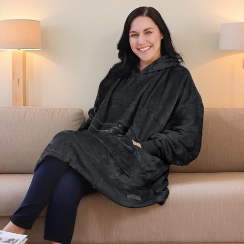Catalonia Oversized Blanket Hoodie, Wearable Fleece Blanket Sweatshirt - color: Black / Fleece
