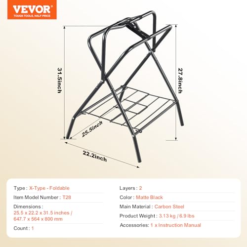 VEVOR Folding Saddle Rack, Freestanding Horse Saddle Stand, Portable Horse Blanket Holder, Heavy Duty Steel Saddle Rack for English & Western Saddles, Tack Storage, 28 x 19 x 37.5 in, Black - style: Folding Saddle Rack-1 Pcs