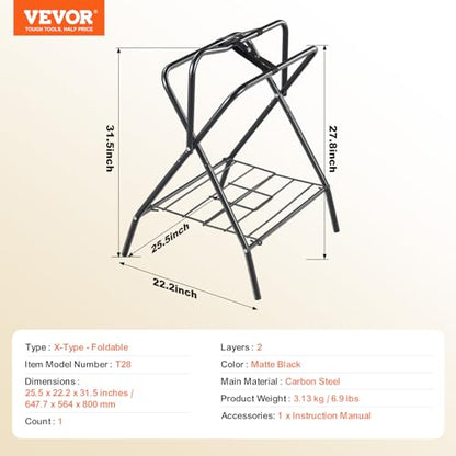 VEVOR Folding Saddle Rack, Freestanding Horse Saddle Stand, Portable Horse Blanket Holder, Heavy Duty Steel Saddle Rack for English & Western Saddles, Tack Storage, 28 x 19 x 37.5 in, Black - style: Folding Saddle Rack-1 Pcs