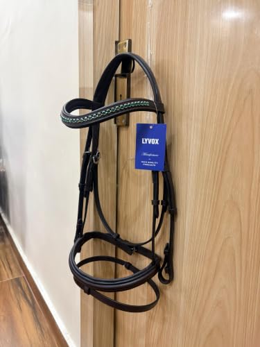 Horse Jumping Leather Bridle with Web Reins | Premium Genuine Leather English Bridle | Padded Browband & Noseband | Stainless Steel Buckles | Dark Brown Size Full - color: Havana Brown - Green Crystal