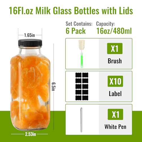 Glass Juice Bottles with Lids 16 oz - 6 Pack Reusable Drink Jars Containers with Labels and Brush for Juicing, Water, Milk, Kombucha, Smoothies - size: 16 Ounces