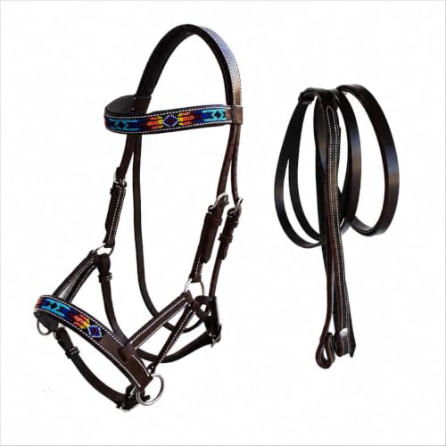 CHALLENGER Horse Western Leather Tack Beaded Bitless Sidepull Bridle Reins Brown 77RS16 - color: Brown/Beaded