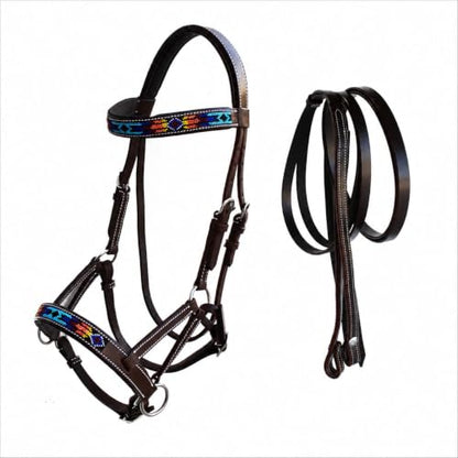 CHALLENGER Horse Western Leather Tack Beaded Bitless Sidepull Bridle Reins Brown 77RS16 - color: Brown/Beaded