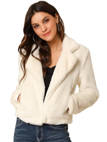 Allegra K Women's Cropped Faxu Fur Jacket Lapel 2026 Winter Fur Coat Outfit - color: Apricot, size: Medium