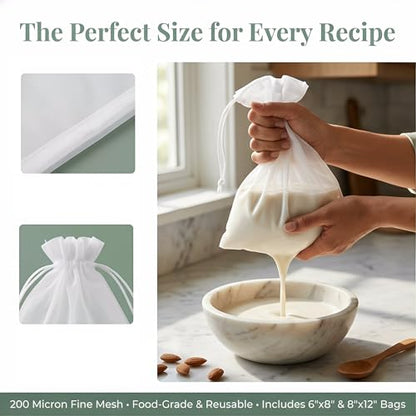 200 MESH Nut Milk Bag, 2 Sizes (6"x8" & 8"x12"), Reusable Food Grade Nylon Fine Mesh Strainer Bags with Drawstring for Juice, Soy Milk, Cold Brew Coffee, Tea
