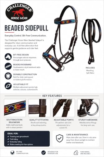 CHALLENGER Horse Western Leather Tack Beaded Bitless Sidepull Bridle Reins Brown 77RS16 - color: Brown/Beaded