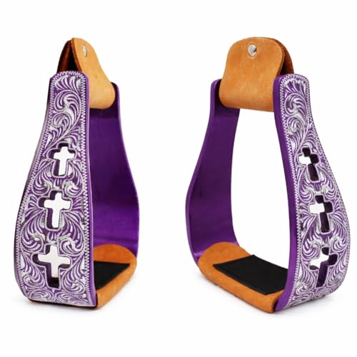 CHALLENGER Western Show Horse Saddle Stirrups Aluminum Leather Tread Cross Engraved 5145v - color: Purple with genuine Leather Tread