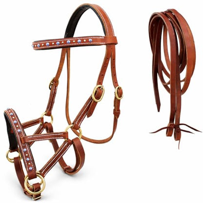 CHALLENGER Horse Western Harness Leather Turquoise Stone Bitless Sidepull Bridle w/Reins 77RS31