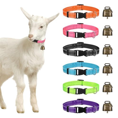 Generic 1-Set Reflective Goat Collars with Bells, 13.8"-20.5" Polyester Adjustable Pet Collar with Anti-Lost Grazing Copper Bell for Small Farm Animal/Sheep/Cow/Goat [Multicolor]