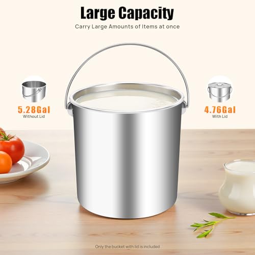 5 Gallon 304 Stainless Steel Bucket with Handle and Hanging Lid - size: 5 Gal