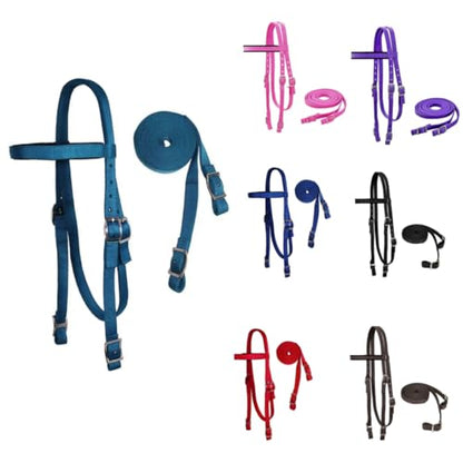 Tahoe Tack Double Layer Nylon Full Horse Headstall with Split Reins - color: Hurricane Blue, size: Pony (Small)