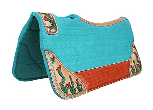 Horse 32" x 30" Western Contoured Wool Felt Therapeutic Saddle Pad 39218 - color: Teal Cactus