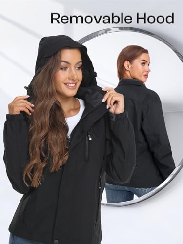 Womens Waterproof Rain jacket Lightweight Raincoat with Removable Hood - color: Black, size: Small