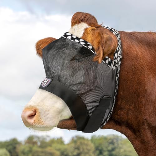 Harrison Howard Cattle Livestock Fly Mask Breathable Mesh Padded Edging with Fun Patterns Large Spacing Forelock Opening Design Adjustable Fit for Cattle Black - color: Black