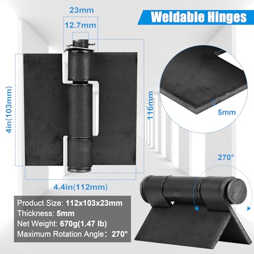 Weld On Hinges Extra Heavy Duty 4.4" x 4" Weldable Metal Butterfly Hinges Solid Steel Welding Butt Hinge Thickness 5mm for Heavy Metal Farm Garage Trailer Gates & Doors - 2 Pcs