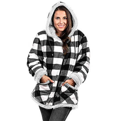 TrailCrest Women's Plush Sherpa Lined Hooded Plaid Zip-Up Jacket - color: White Plaid, size: Large
