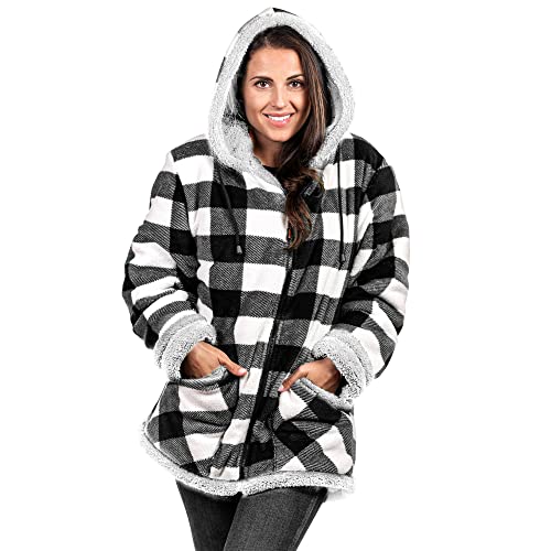 TrailCrest Women's Plush Sherpa Lined Hooded Plaid Zip-Up Jacket - color: White Plaid, size: 2X