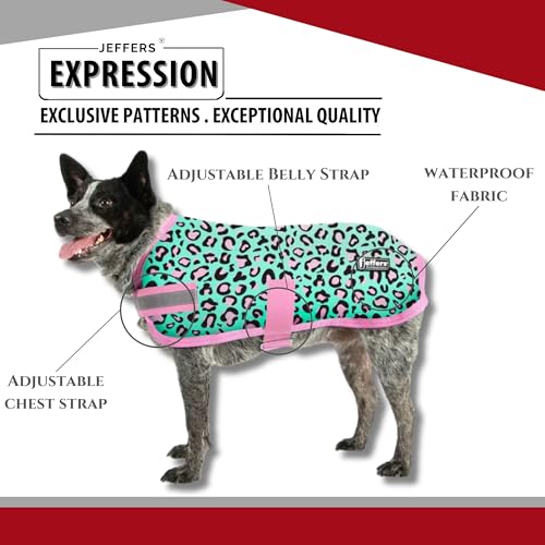 Jeffers Expression Dog Coat Waterproof Ripstop Winter Jacket 30" – 240g Insulated Blanket, Adjustable Belly & Chest Straps, Reflective Strips, Small to Large Breeds, Outdoor & Travel - Party Cheetah - color: Party Cheetah, size: 30"