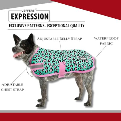 Jeffers Expression Dog Coat Waterproof Ripstop Winter Jacket 30" – 240g Insulated Blanket, Adjustable Belly & Chest Straps, Reflective Strips, Small to Large Breeds, Outdoor & Travel - Party Cheetah - color: Party Cheetah, size: 30"