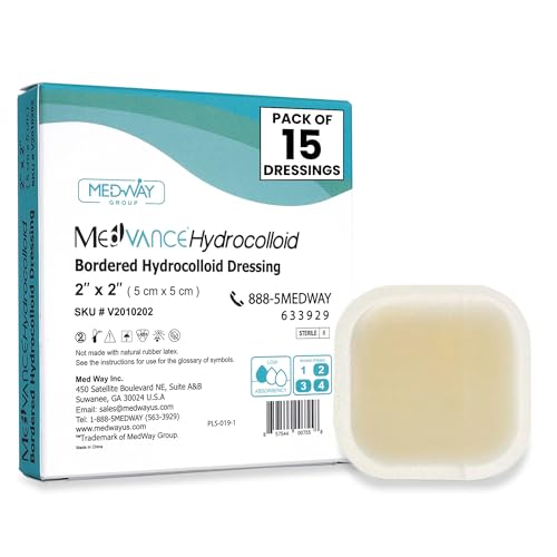Medvance Absorbent Bordered Hydrocolloid Large Wound Dressing - Waterproof Skin-Friendly Adhesive Pads - Easy Apply Large Bandage - Wound Care & Dressings for Cuts & More (2"x2" Bandage) (Box of 15)