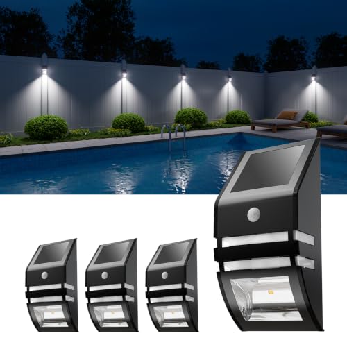 4 Pack Metal Solar Fence Lights Cool White Lamp with Motion Sensor | Matte Black Shell, Stainless Steel, Waterproof, 2 Installation Methods, Security Lighting for Post Siding, Stair, Path, Yard - color: Black