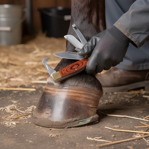 Rite Edge Horse Hoof Care Multitool – Folding Hoof Pick & Equestrian Grooming Tool for Horses and Livestock, Stainless Steel Hoof Cleaning Tool, Wood Handle, Nylon Sheath, Farrier Hoof Care Tool