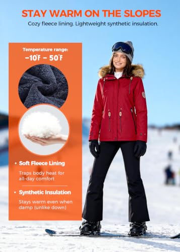 wantdo Women's Waterproof Ski Jacket Warm Fleece Lined Snow Winter Coat - color: Red, size: Small