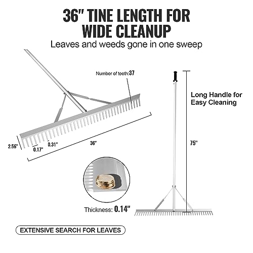 VEVOR Landscape Rake 36" Head Aluminum Landscape Rake 75" Long Handle | For Loosening Soil, Lawn Care, Weeding Lake, Garden, Extended Cleaning Reach, Effortless 3-Step Setup, Durable and Waterproof - size: 75 inch