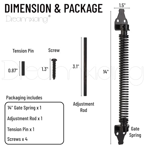 14" Gate Door Spring Self Closing Heavy Duty Automatic Closure Hardware | Outdoor Door Spring Closer Spring Loaded Fence Gate Latch with Adjustable Tool for Wooden and Vinyl Fence, Black (1 Pack) - size: 14 Inch