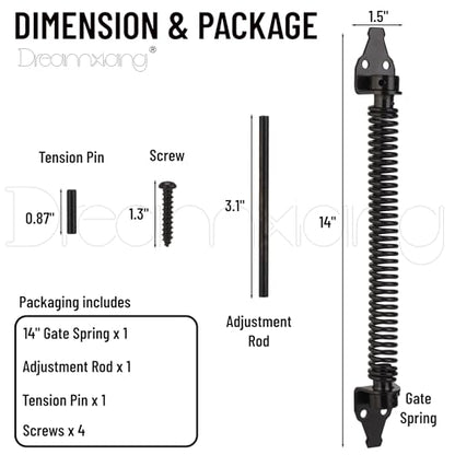 14" Gate Door Spring Self Closing Heavy Duty Automatic Closure Hardware | Outdoor Door Spring Closer Spring Loaded Fence Gate Latch with Adjustable Tool for Wooden and Vinyl Fence, Black (1 Pack) - size: 14 Inch