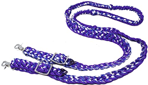 CHALLENGER Horse Western Nylon Braided 8 Ft. Knotted Roping Barrel Reins Purple Teal Orange 60737 - color: Purple / Blue / White