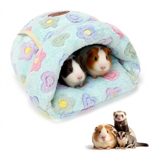 YUEPET Guinea Pig Bed, Warm Fleece Cuddle Cave, Green Flower - color: Green Flower, size: 1PCS