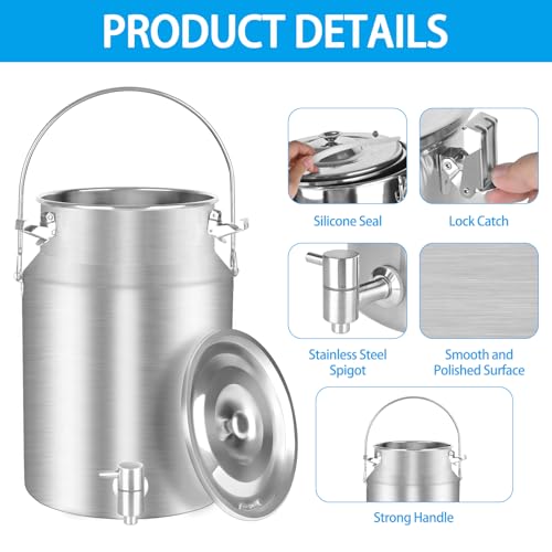 304 Stainless Steel 10 Liter Milk Can Milk Bucket Wine Pail Bucket with Spigot 2.64 Gallon Milk Can Tote Jug with Sealed Lid Heavy Duty for Milk and Wine