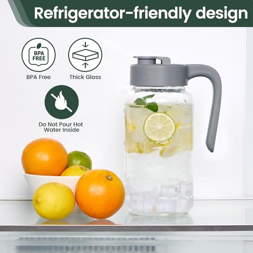 Mason Jar Pitcher, 64 oz (2 quart), Glass Pitcher with Lid | Airtight, Leak proof, Ergonomic Handle, Pour Spout Lid, Fridge Safe, for Sun Tea, Iced Tea, Cold Brew, Lemonade, Outside - color: Gray