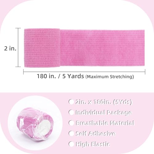 IndigoCase 6 Pack Self Adhesive Bandage Wrap 2 Inch x 5 yd Elastic Tape - color: Pink, size: 2 Inch - 6 Pack