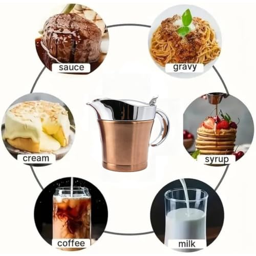 Double Insulated Gravy Boat - Stainless Steel Sauce Jug with Hinged Lid Hinged Lid Ideal for Gravy or Cream at Thanksgiving (450ML/16 OZ Rose gold) - color: 450ML/16 OZ Rose gold