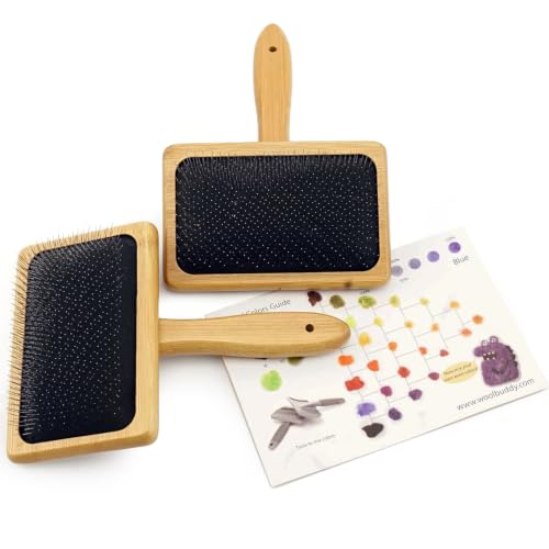Woolbuddy Large Wool Carder Brush for Felting & Pets, 2PCS 4.75 x 3.25 Inch | Wool Carder Brush Set for Wool Blending, Needle Felting Tool with Stainless Steel Pins & Bamboo Handle, Reusable Cotton Bag