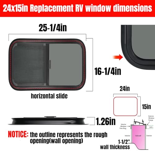 RV MURTS Trailer Window 24"x15", Tempered Glass with Screen & Trim Kit, 1-1/2" Wall Fit for Teardrop Camper, Cargo, Travel Motorhome, Horizontal Slide.(Aluminum, Shatterproof, Cold Insulation) - size: RV Window 24×15（1-1/2)