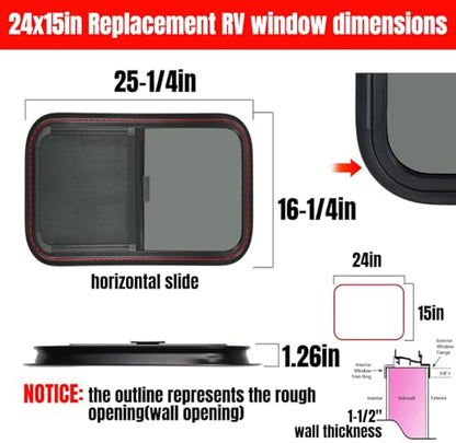 RV MURTS Trailer Window 24"x15", Tempered Glass with Screen & Trim Kit, 1-1/2" Wall Fit for Teardrop Camper, Cargo, Travel Motorhome, Horizontal Slide.(Aluminum, Shatterproof, Cold Insulation) - size: RV Window 24×15（1-1/2)