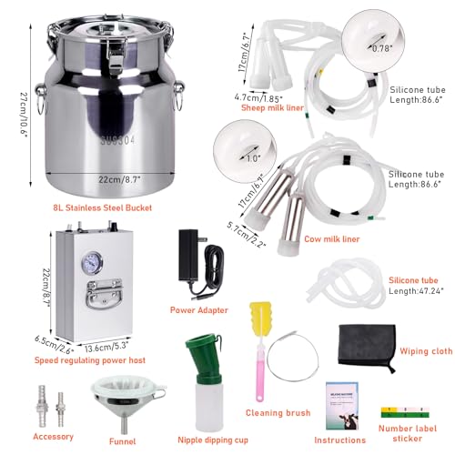 PKNYBZN 2-in-1 Cow & Goat Milking Machine, 8L 304 Stainless Steel Buckets | Rechargable Electric Automatic Pulsation Vacuum Milker Machine, Adjustable Suction for Cows and Goats