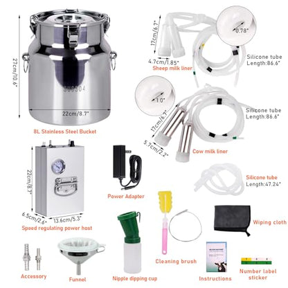 PKNYBZN 2-in-1 Cow & Goat Milking Machine, 8L 304 Stainless Steel Buckets | Rechargable Electric Automatic Pulsation Vacuum Milker Machine, Adjustable Suction for Cows and Goats