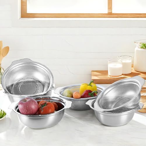 Stainless Steel Colander for Kitchen, 2.5QT Rice Washer Strainer with Mixing Bowl, Colander Bowl Set with Microporous for Washing Rice, Pasta, Spaghetti, Fruits, Dishwasher Safe(2PC) - size: 2.5QT