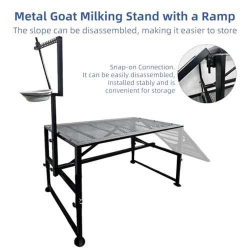 Heavy Duty Height-Adjustable Metal Goat Milking Stand with Ramp & Feed Bin, 600LBS Capacity Livestock Trimming Stand for Goats, Lambs & Sheep