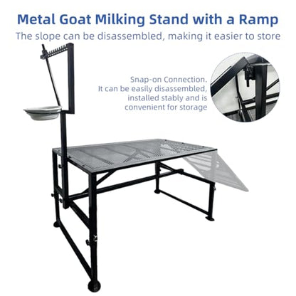 Heavy Duty Height-Adjustable Metal Goat Milking Stand with Ramp & Feed Bin, 600LBS Capacity Livestock Trimming Stand for Goats, Lambs & Sheep